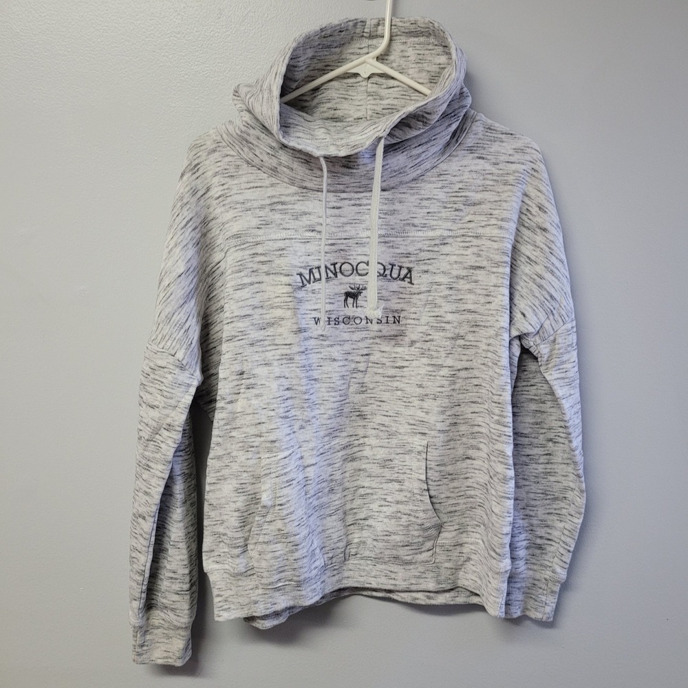 Minocqua Wisconsin Cowl Neck Hoodie Sweatshirt Womens M Gray Moose‎ Graphic
